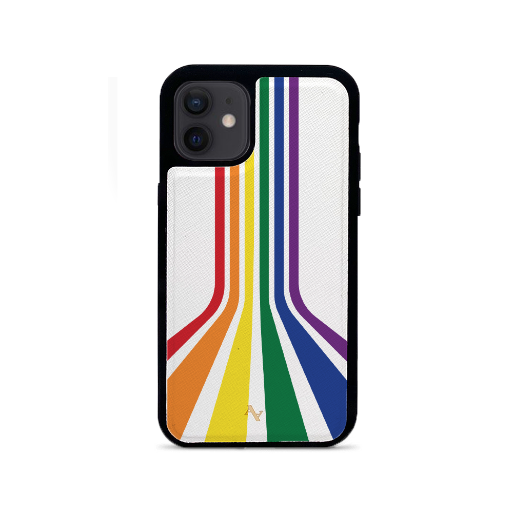 MAAD Pride iPhone 12 Mini case in saffiano leather with rubber rim, showcasing personalization options.